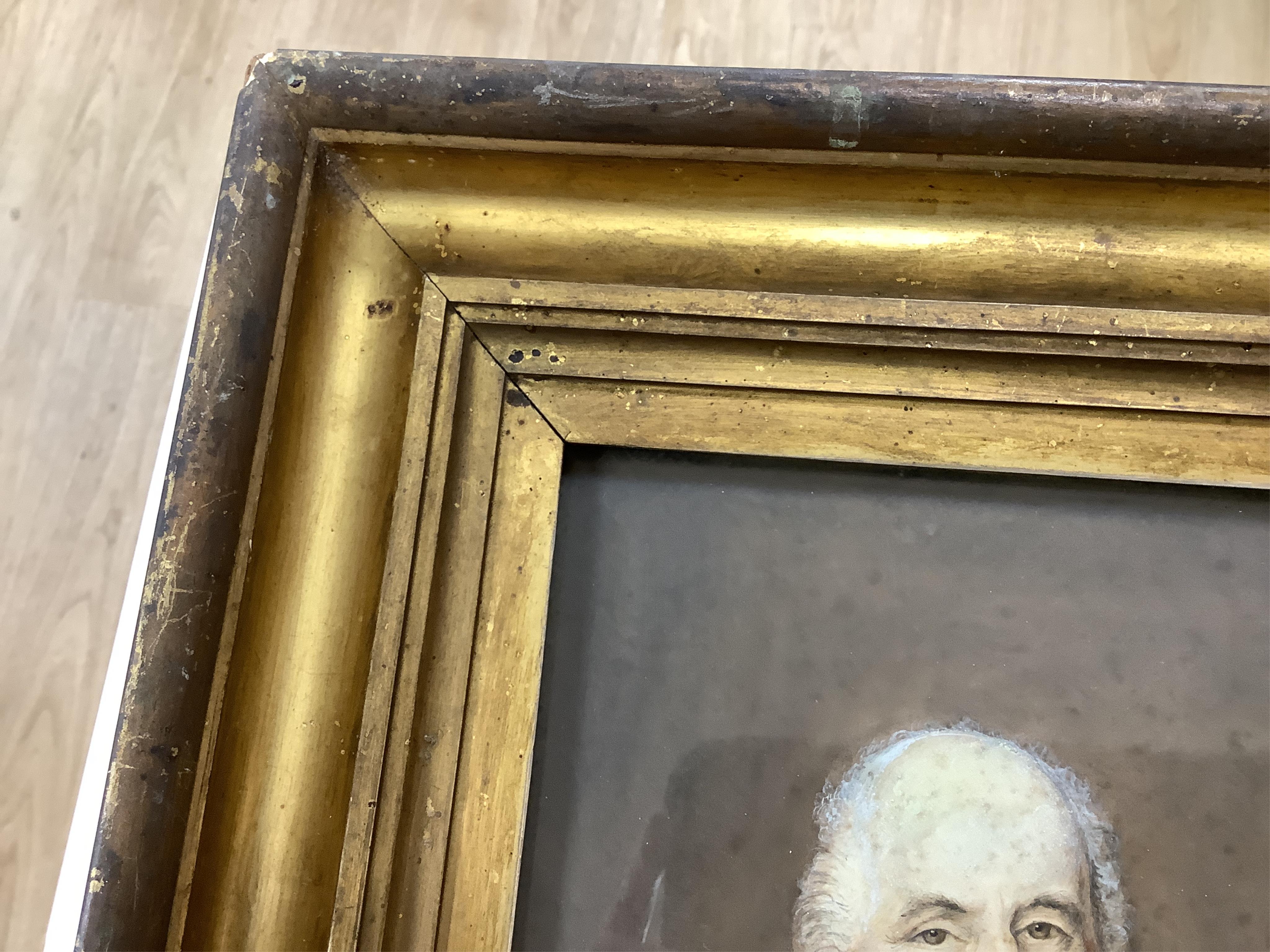 19th century School, Three-quarter length portrait of a gentleman wearing military dress, unsigned, watercolour, together with two other portraits of Victorian gentleman, largest 27 x 20cm, one housed in an ornate gilt f